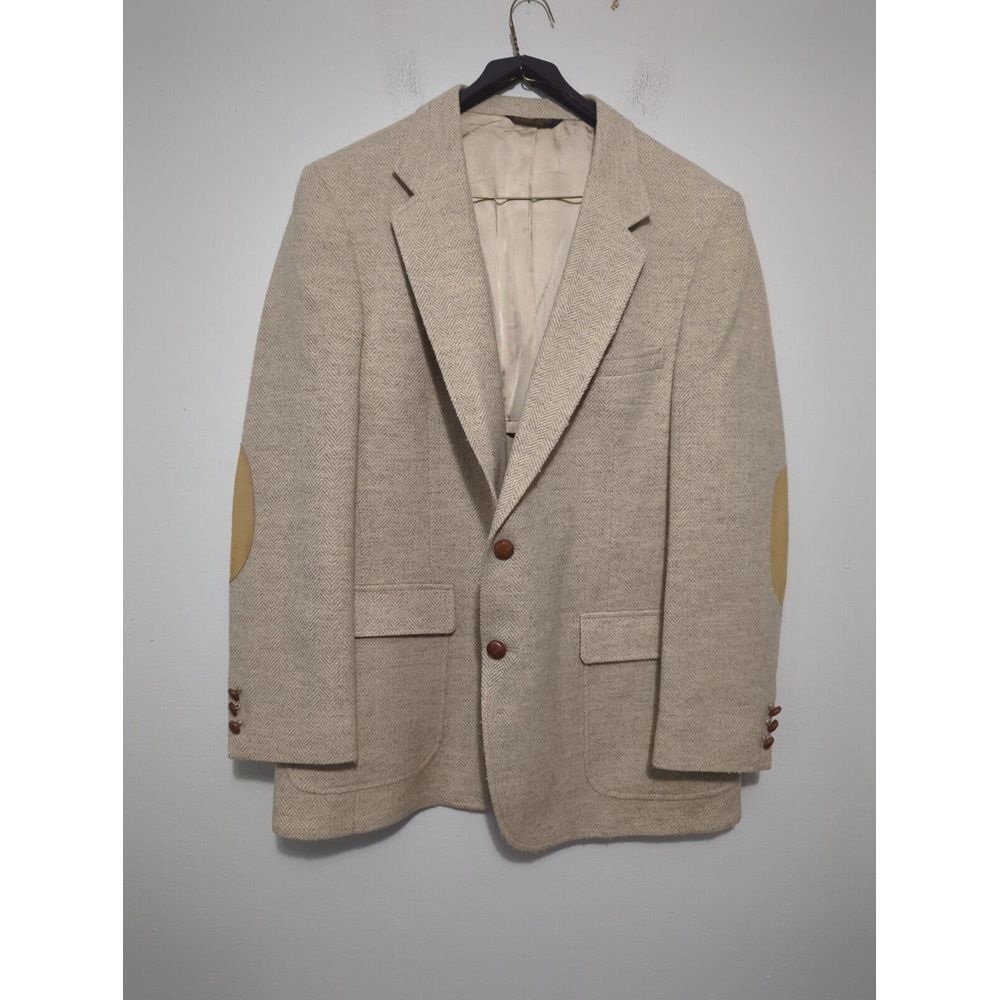 Adams Row Mens 100% Wool Herringbone Blazer Beige‎ Tan Elbow Patches Sport Coat